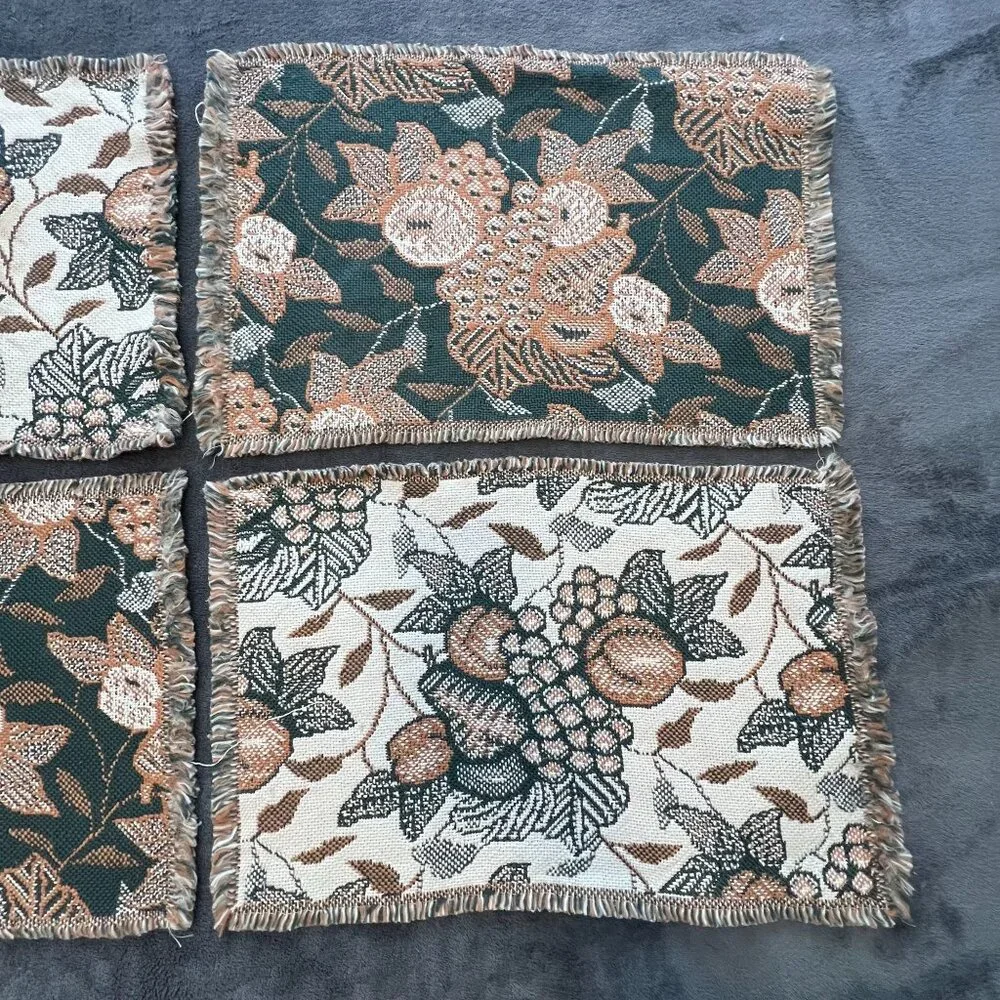 Set of 4 Vintage Tapestry Style Fabric Placemats with Fruit Fringe Edges 19